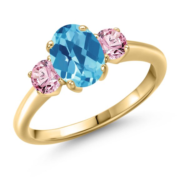 Gem Stone King 1.80 Ct Oval Checkerboard Swiss Blue Topaz Pink Lab Grown Diamond 18K Yellow Gold Plated Silver Ring