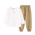 thumbnail image 2 of Mifsaly Toddler Boys 2 Piece Summer Outfit Sets Crinkle Cotton Gauze Henley Long Sleeve Shirts and Wide Leg Pants Kids School Casual Loungewear & Playwear, 2 of 5