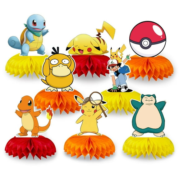 Birthday Party Table Decorations - 8 Pcs Pikachu Birthday Centerpieces for Tables Rainbow Honeycomb Centerpieces Table Toppers for Girls Boys Pikachu Theme Party Supplies, Photo Booth Props