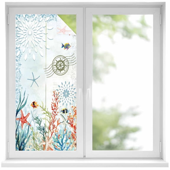 Coastal Blue Window Privacy Film, Ocean Coral Starfish Shell Nautical Seagrass Static Cling UV Sun Blocking Heat Control Window Tint, Non-Adhesive One Way Windows Privacy Cover 17.7''x39.3''