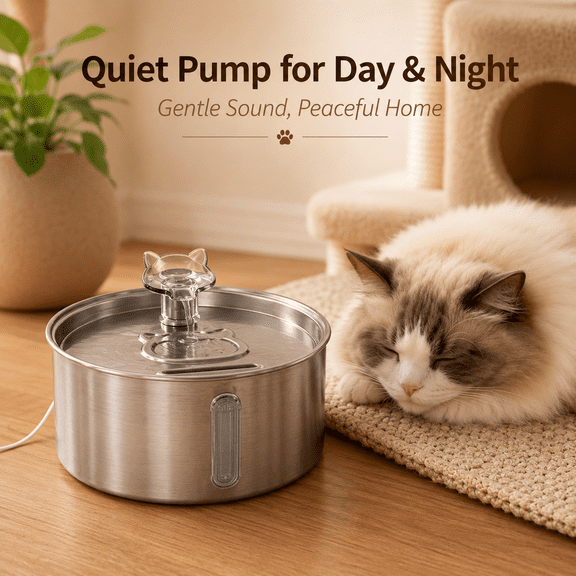 Stainless Steel Cat Water Fountain, 8.86×3.35 Inch Automatic Pet Drinking Dispenser, Detachable Lid, Visible Water Level Window,Fountain with 3 Replacement Filters for Cats Small Dogs