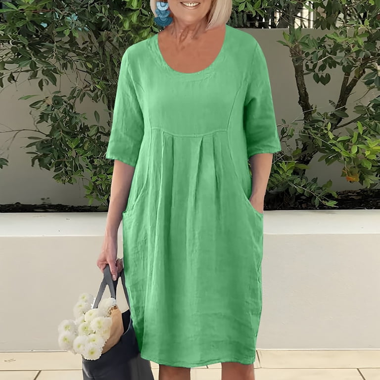 Riforla Summer Dresses for Women Solid Color Cotton Linen Pockets Tunic  Midi Dress Frame Dress Green M - Walmart.com