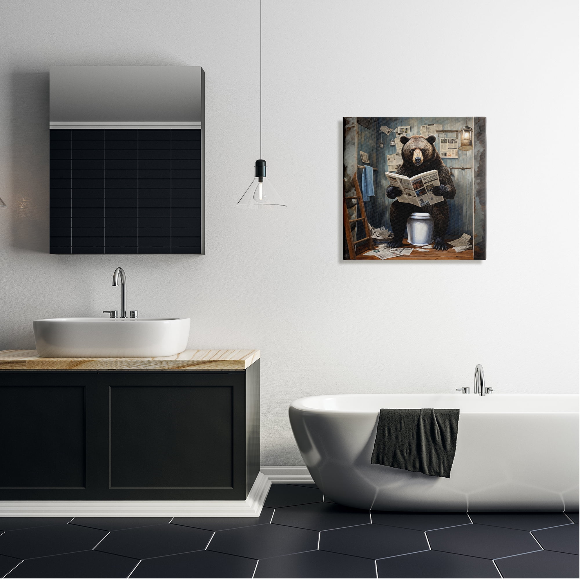 Bear with Newspaper Bathroom Canvas Art, 24 x 24