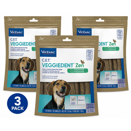 Virbac C.E.T. VeggieDent Zen for Medium Dogs 22-66 lbs, 90 chews (3 Pack)