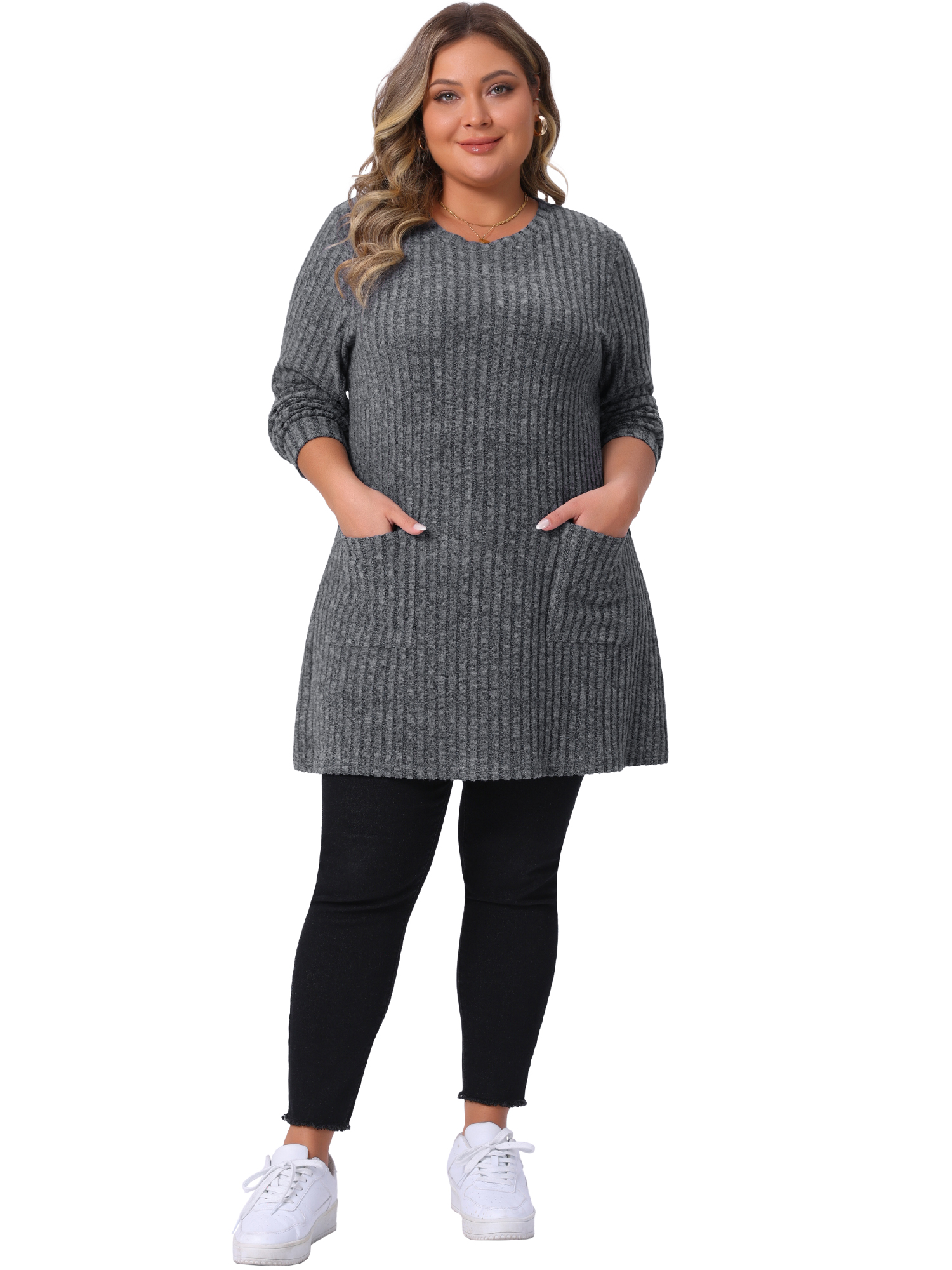 DARING DIVA Plus Size Sweaters Round Neck Knit Loose Pocket Pullover Top 4X Light Gray
