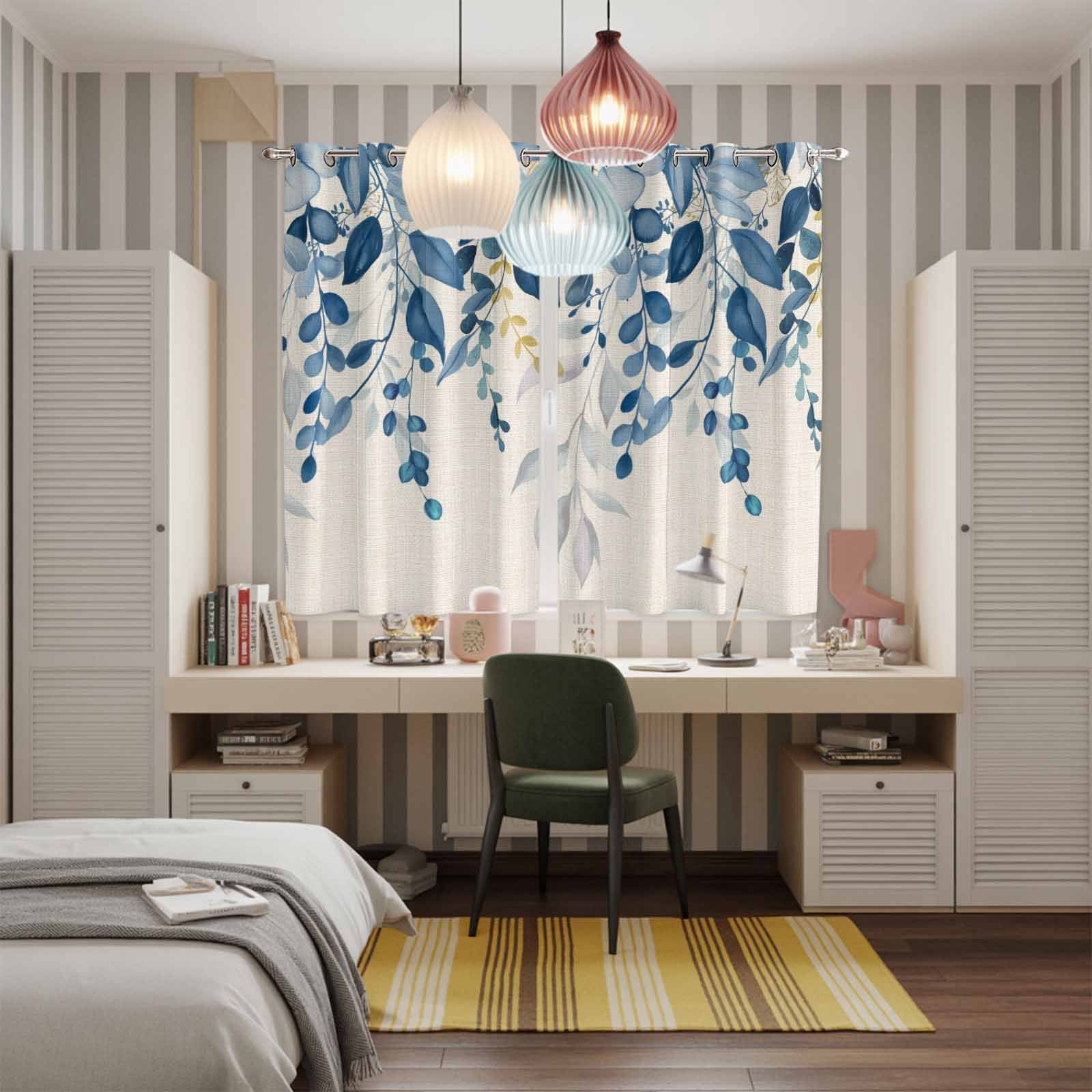 Curtains 63 Inch Length 2 Panels, Blue Eucalyptus Grommets Window Treatment Curtain, Farmhouse Weeping Leaves Linen Thermal Curtains Drapes for Living Room/Bathroom