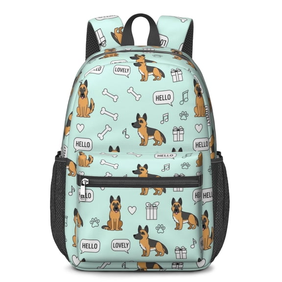 German Shepherd and Icons Blue Pattern 17" Waterproof Oxford School Backpacks for Teens, S-Shape Padded Straps, for School, Travel, Hiking, Camping
