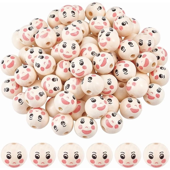 80pcs Face Wooden Beads 19mm Round Wooden Beads with 45mm Hole for DIY Jewelry & Crafts