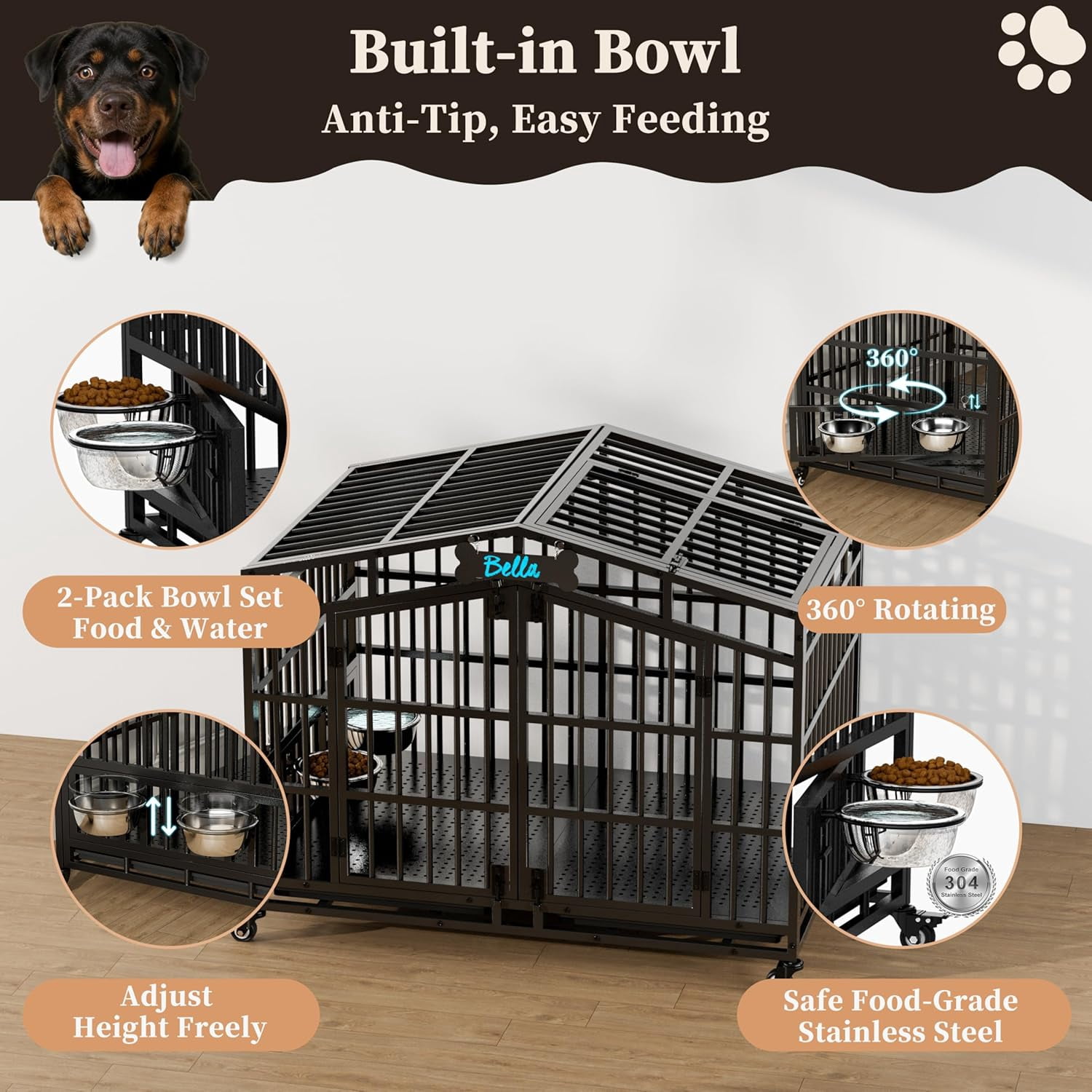 POAO 41"Heavy Duty Indestructible Dog Crate, Escape Proof Kennel for High Anxiety Large Dog, Extra Large Steel Dog Cage with Wheels