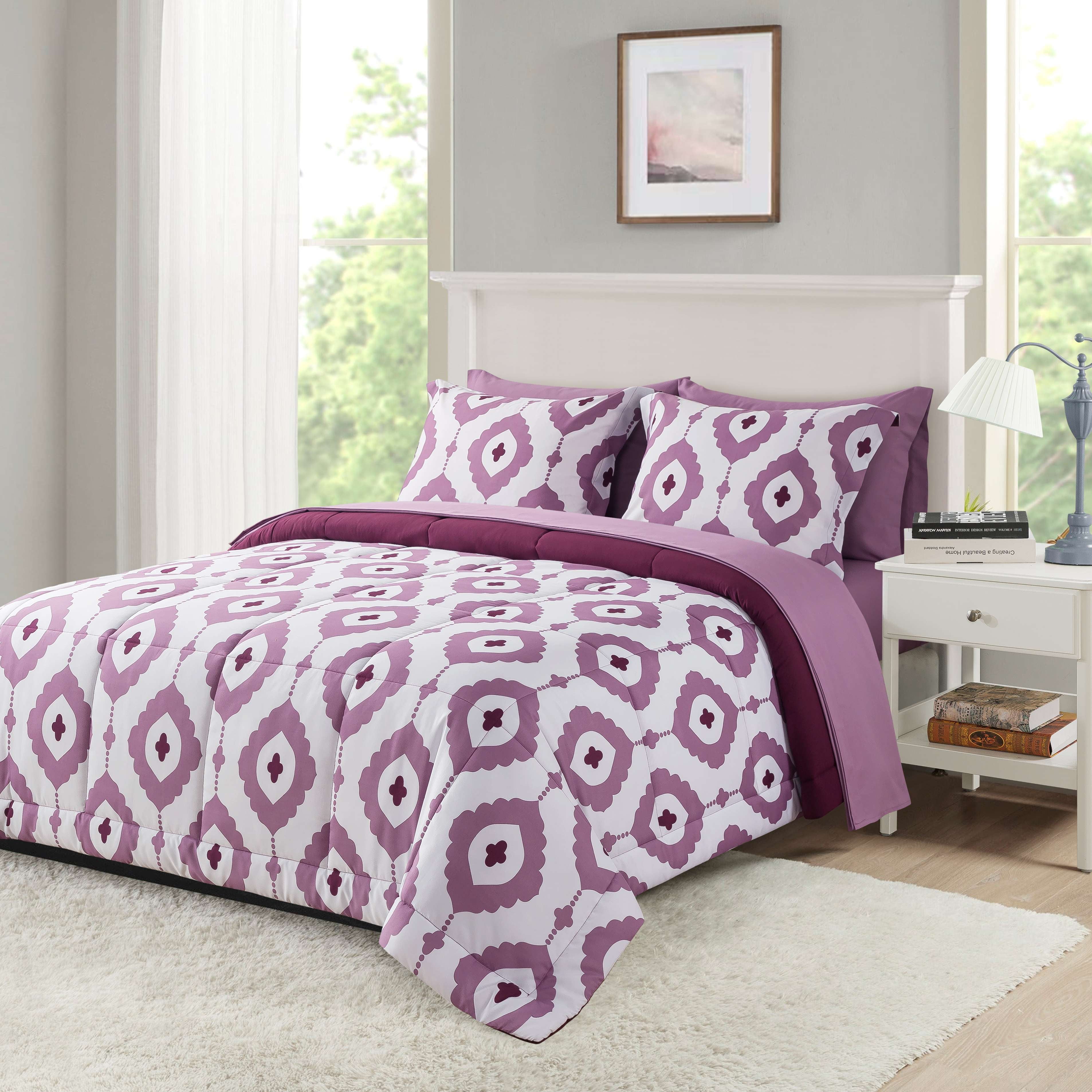 Mainstays All in One Reversible Comforter and Sheet set- 7 Piece, Full, Purple Geo