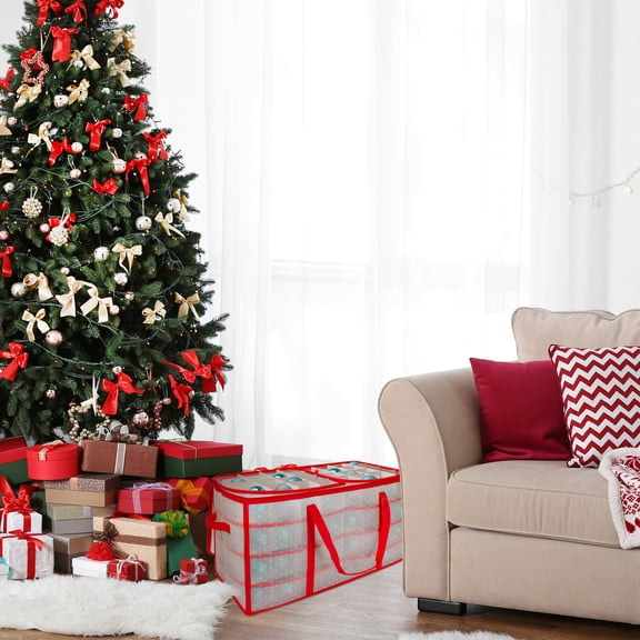 Northlight Transparent Zip Up Christmas Storage Box - 26.25" - Holds 128 Ornaments - Red and Clear