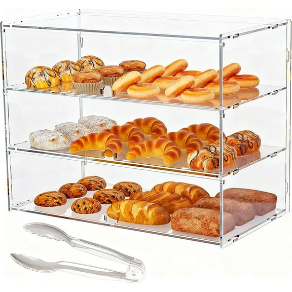 3-Tier Commercial Bakery Display Case, 19.49"x 14.96"x 10.23" Pastry Display Case Countertop Display Cabinet Box for Bread Dessert Food Cookie Baking