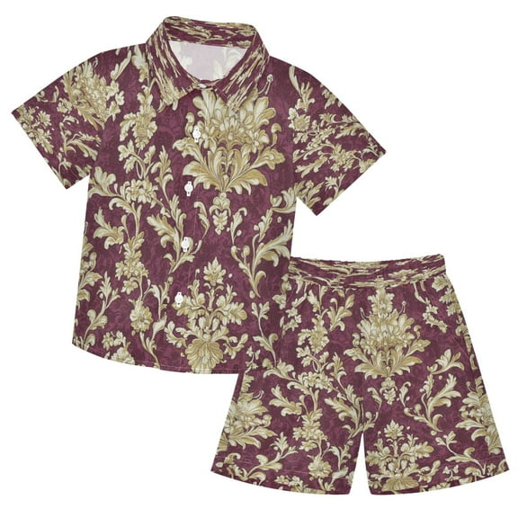 YAZAOO Button-Down Shirts Summer Shorts Sets Fashion Gold Floral Filigree Pattern Casual Set
