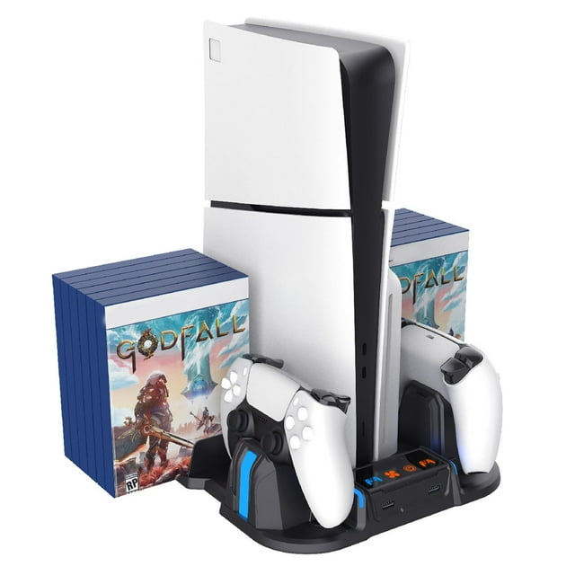 Soporte de refrigeración para PS5 Slim con base de carga para mandos para la consola PlayStation 5 Slim, ventilador de refrigeración, 12 ranuras para juegos