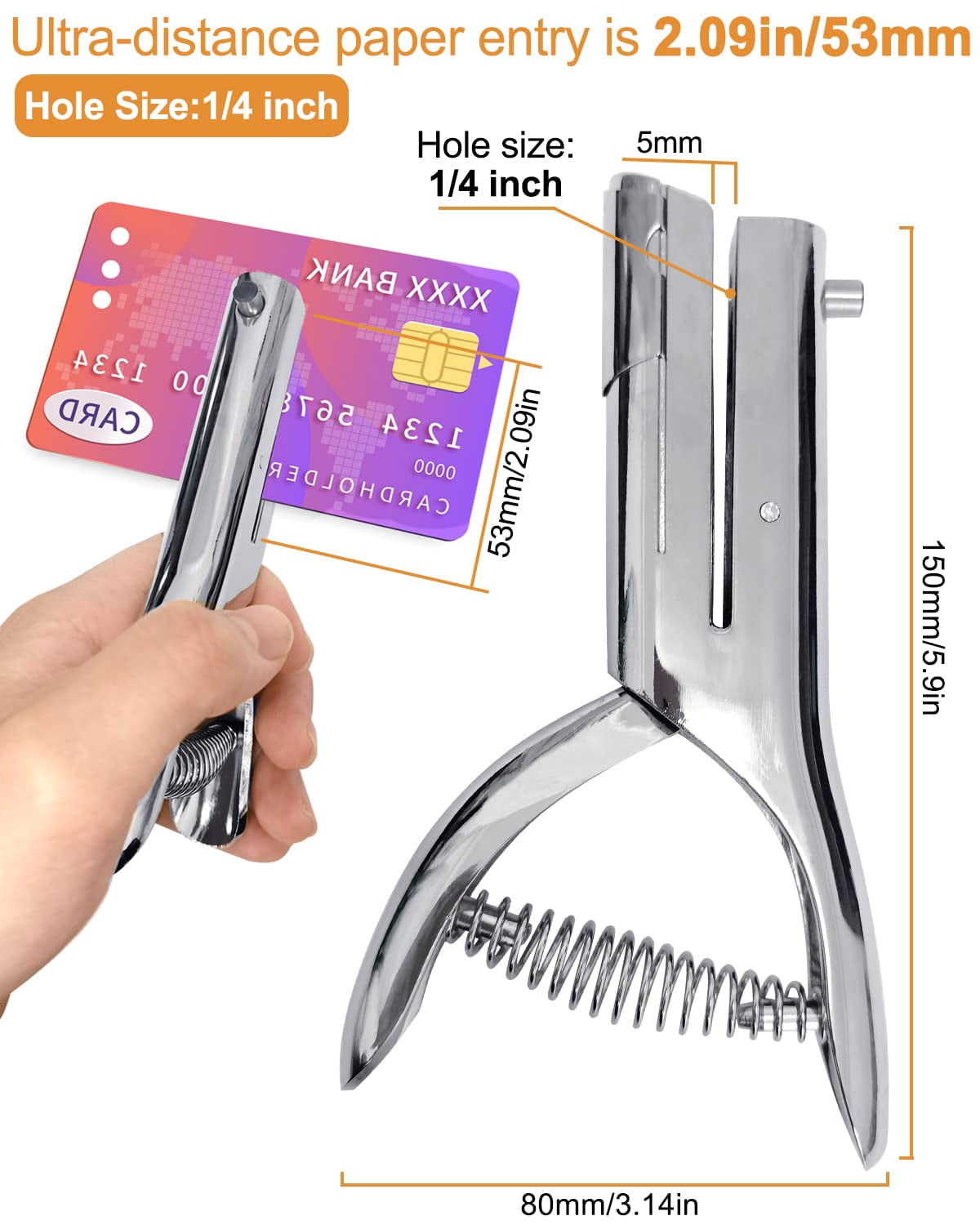ABCISI Hole Punch 1/4 Inch, Heavy Duty Single Hole Punch, Paper Card Portable Handheld Long Hole Puncher Single 2 Inch Reach Deep for PVC Paper ID Cards Plastic Cardboard (1/4"-6mm Hole)