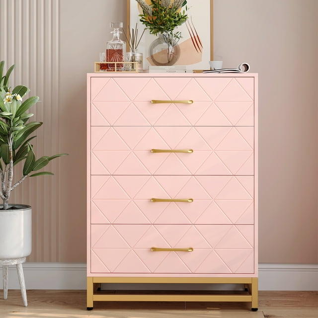 Commode à 4 Tiroirs Moderne en Bois, Armoire de Rangement Robuste en MDF avec Poignées et Pattes en Métal, Organisateur à Tiroirs Profonds pour Chambre, Couloir, Salon, Rose/noir/blanc