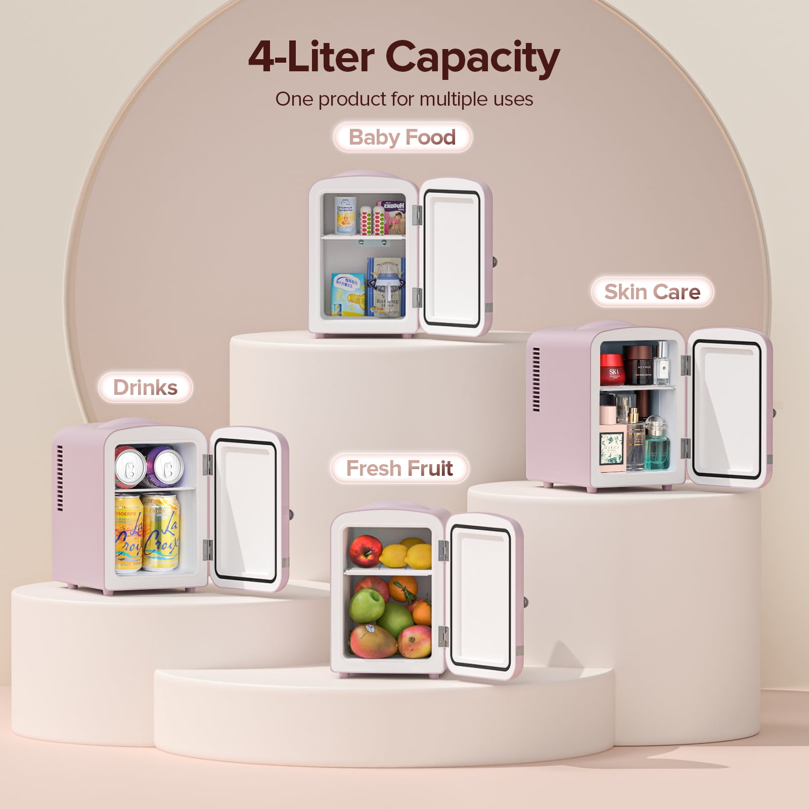 Auseo Mini Fridge Personal Beauty Refrigerator, 4 Liter, Includes Plugs for Home Outlet & DC Charger, Dorm, Bedroom, Table Top Beverage Cooler for Drinks, Soda, Wine - Pink
