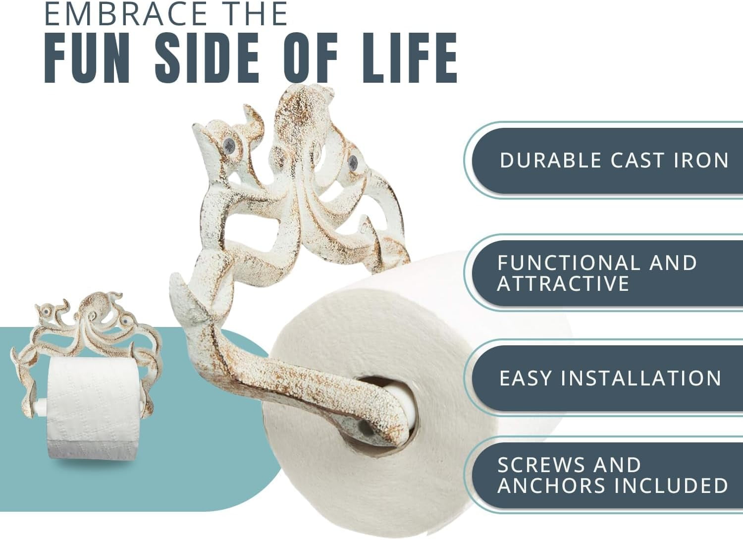 Comfify Cast Iron Octopus Toilet Paper Holder, Wall Mounted Bathroom Holder, Rust White