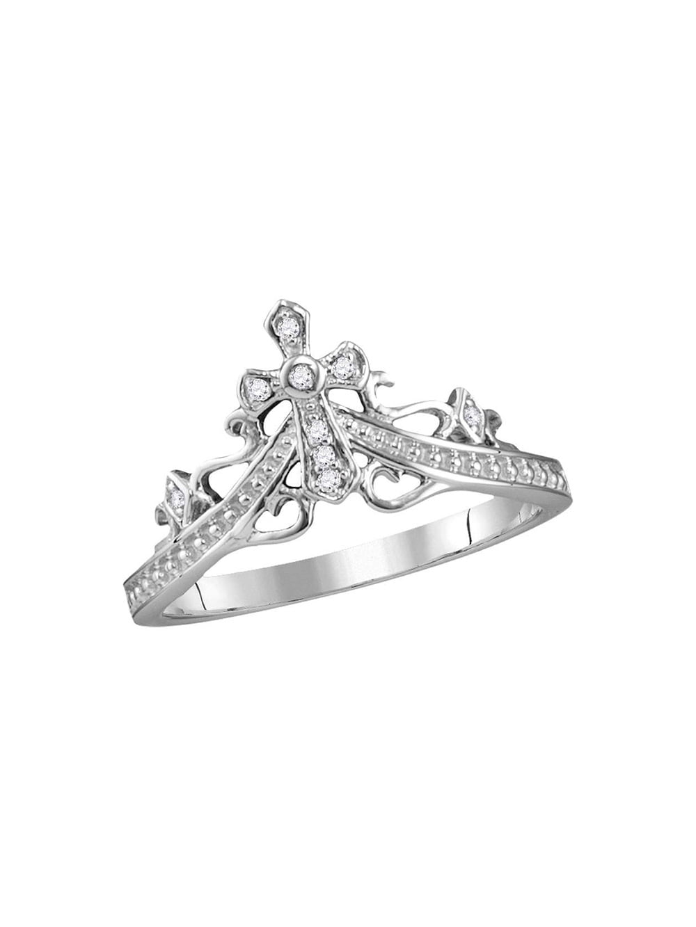 Solid 14k White Gold Round Diamond Cross Crown Tiara Band Engagement