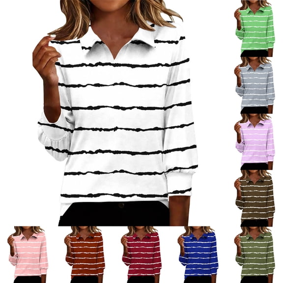Inverlee Striped 3/4 Sleeve Blouse for Women Trendy Collared V Neck Tops Summer Casual Loose Fit Shirts