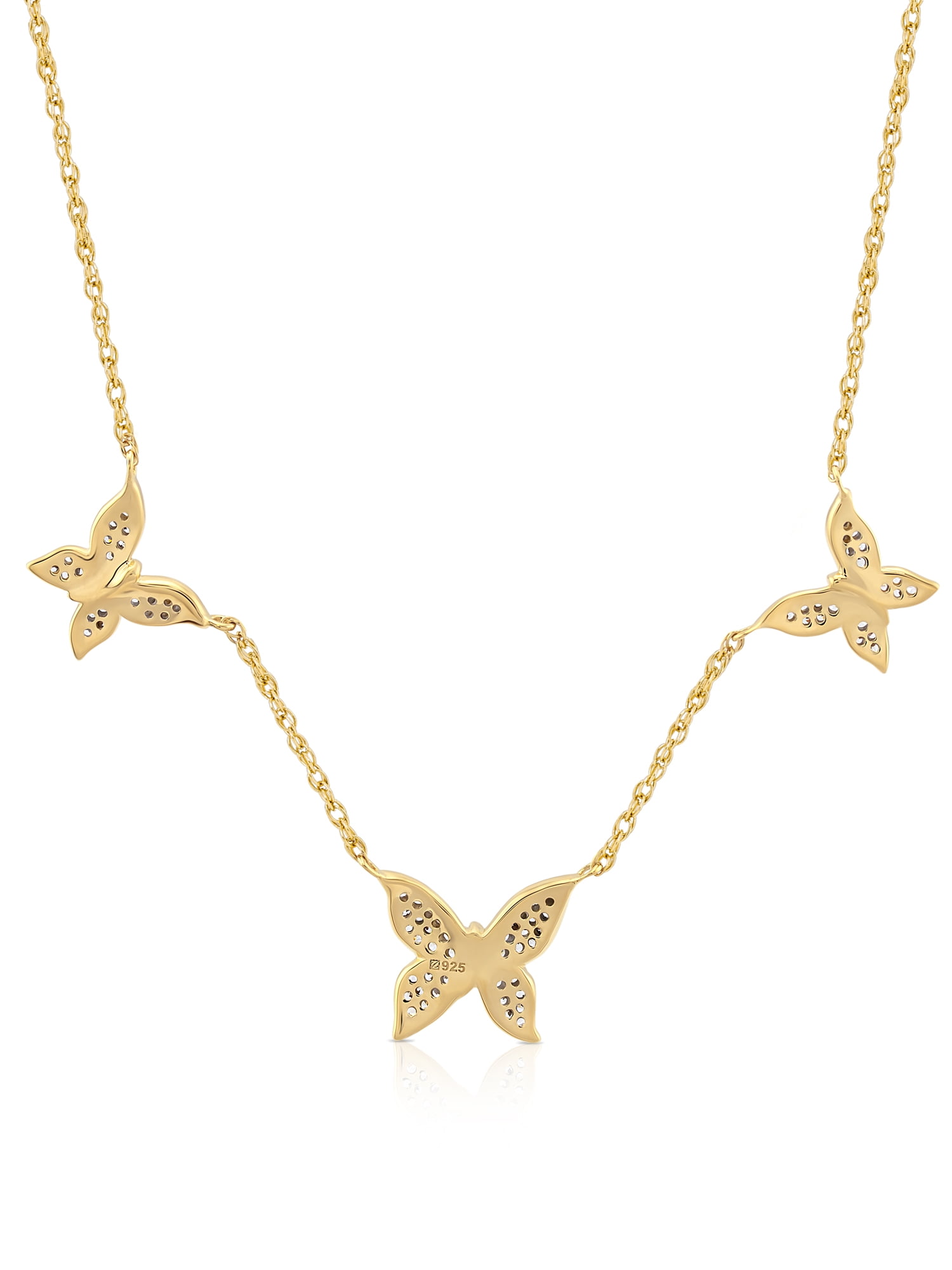 Brilliance Fine Jewelry Women's Simulated Diamond Pave Butterfly Station Necklace in 14KT Gold Plated Sterling Silver