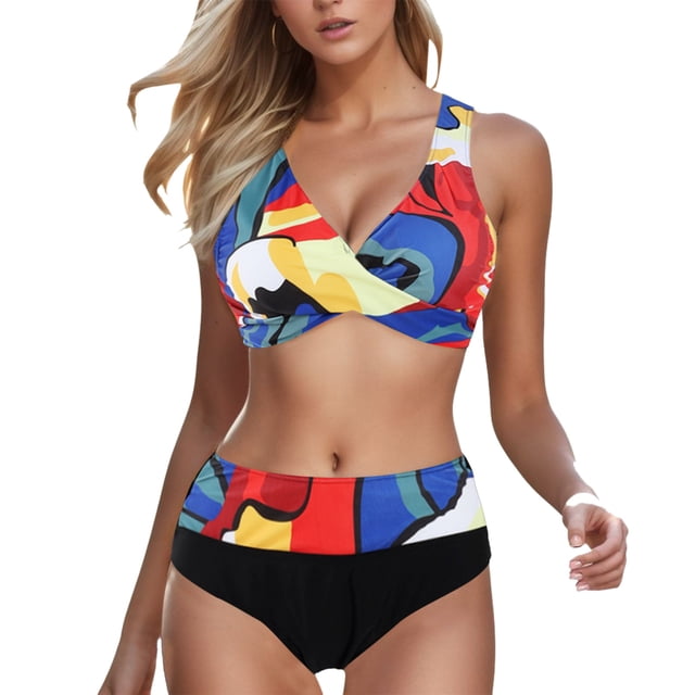 PMVFHDE Maillot de Bain Deux Pièces pour Femmes Tenue de Plage Maillot de Bain Grande Taille Imprimé Maillot de Bain Femmes Rembourré Ensemble Débardeurs Rouge,TTG
