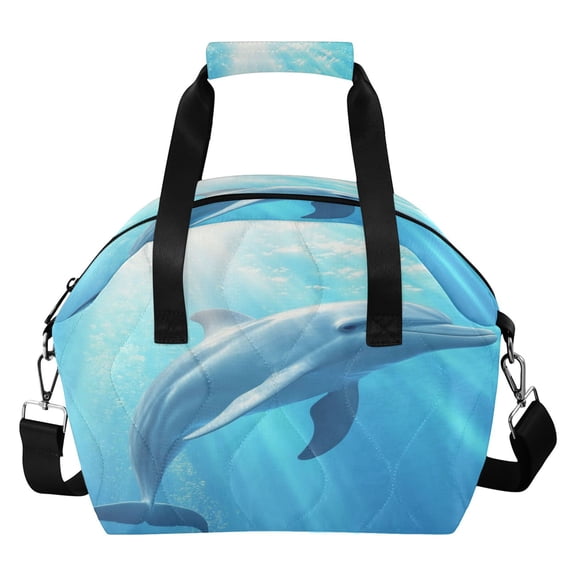 Quilted Handheld Insulated Lunch Bag, Food-Grade EVA Liner Leakproof Portable Crossbody Bento Bag for Students Office Workers Blue Dolphin Pattern
