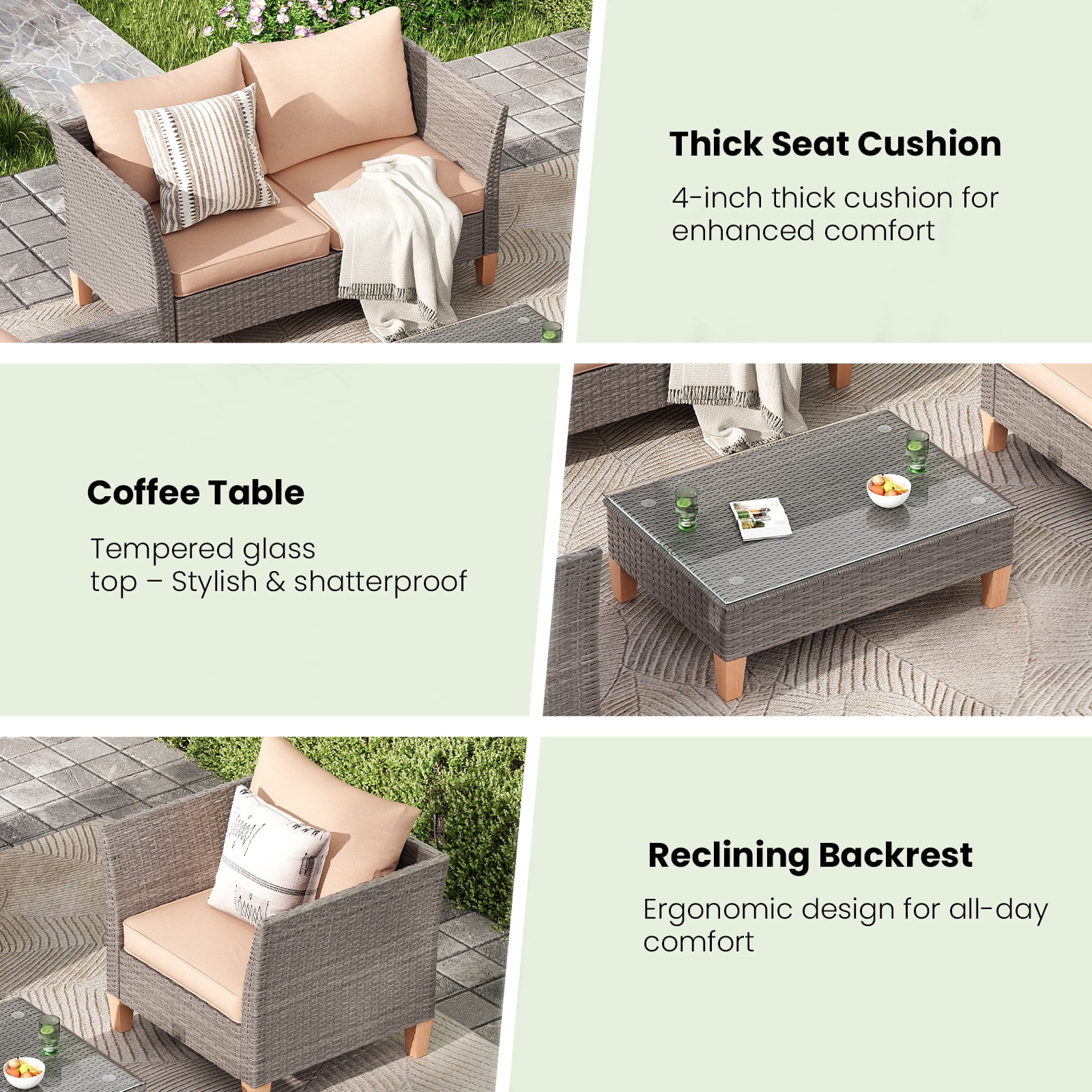 STARY Outdoor Wicker conversation sets, 4 Pieces Patio Furniture Sofa Set with Coffee Table, All Weather for Garden, Backyard, Balcony