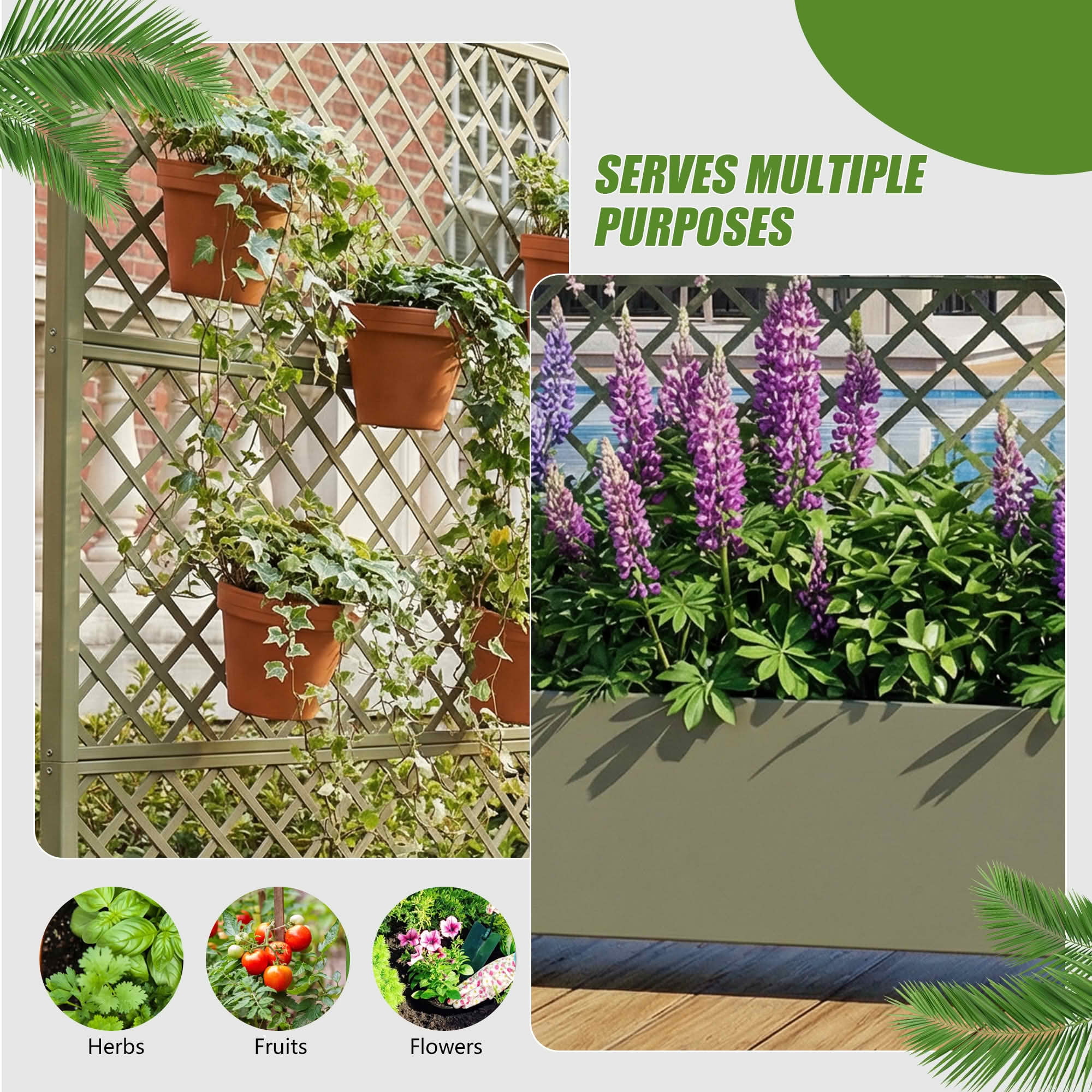 MAYEERTY 72X47" Metal Outdoor Olive Gray Privacy Screen with Planter Box for Backyard & Garden, 3 Piece Set