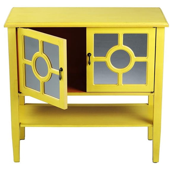 Hampton 2-Door Console Cabinet with Lattice Mirror Inserts & Shelf - Yellow