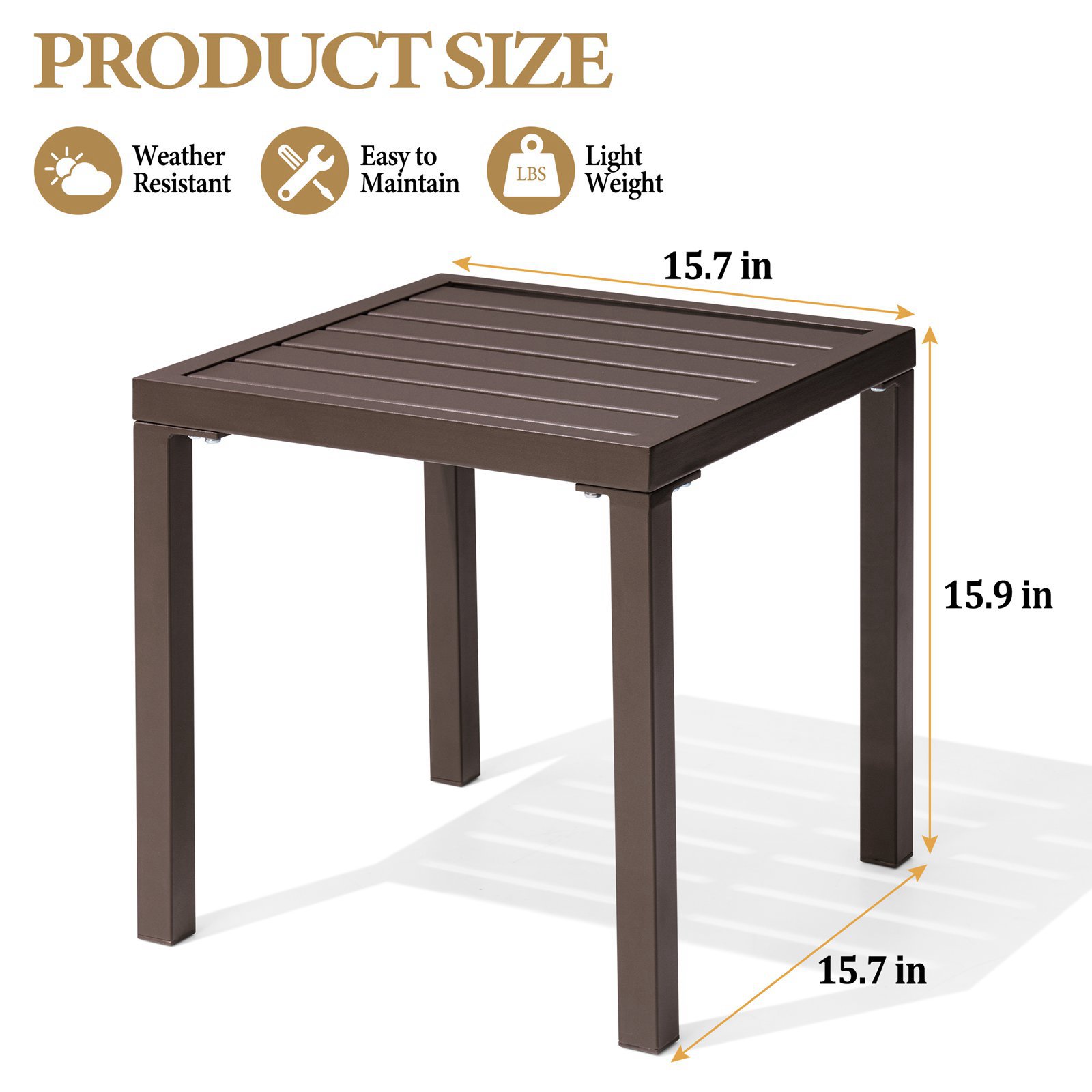 Pellebant 16" Outdoor Side Table, All-Weather Square Metal Patio End Table for Garden, Porch, Deck, Backyard, Brown