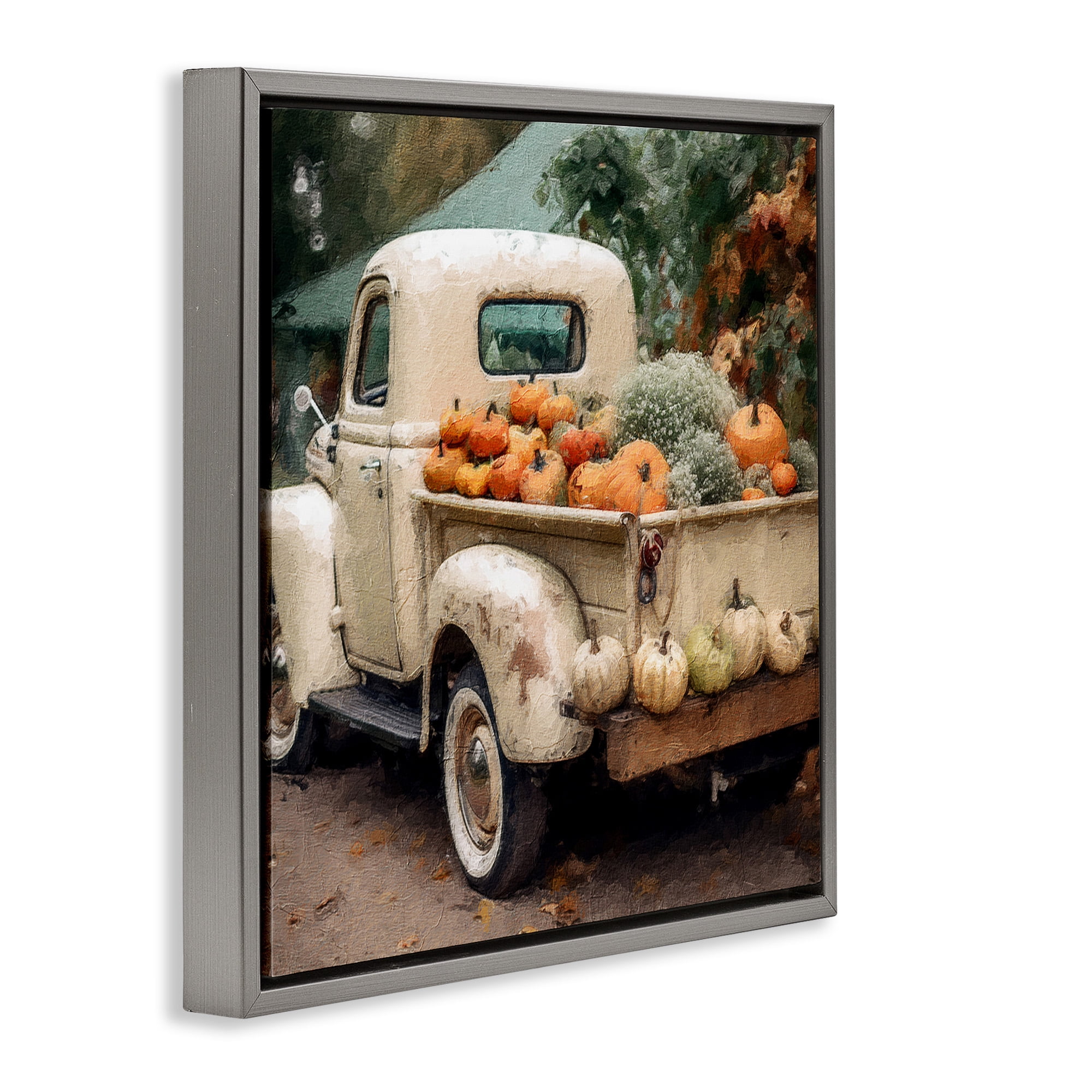 Stupell Industries Pumpkin & Gourd Truck Holiday Painting Gray Floater Framed Canvas Art Print Wall Art, 25 x 25