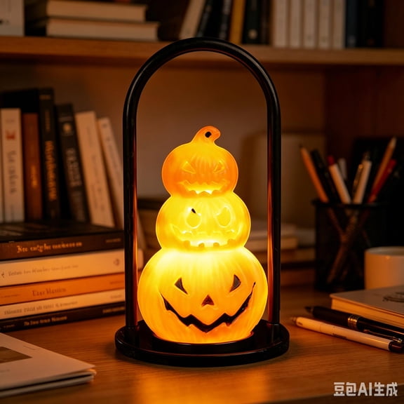 3 Tier Stacked Lantern LED Pumpkin Lights, Battery Operated Halloween Electronic Pumpkin Lamp with 3 Styles Base, Spooky Tabletop Halloween Decoration for Home Mantel Party Tiered Tray Decor