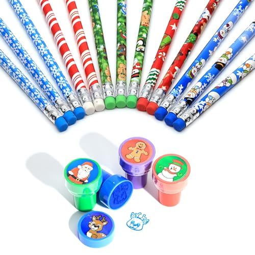 Entervending Christmas Party Favors 32 PCS Christmas Stocking Stuffers, Stamps and Holiday Pencils Set for Christmas Classroom Prizes, Goody small Christmas toys for goodie bags