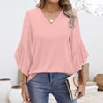 thumbnail image 2 of Flared Sleeve Blouse - Women's 3/4 Length V-Neck Casual Top, Feminine Ruffle Detail Shirt | Yubnlvae (Pink | XXL), 2 of 5