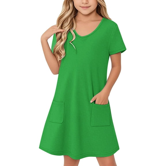 Spazoro Little and Big Girls Dresses, Short Sleeve Solid Color with Pockets V-Neck Casual Dresses for Girls Green Size 5 T