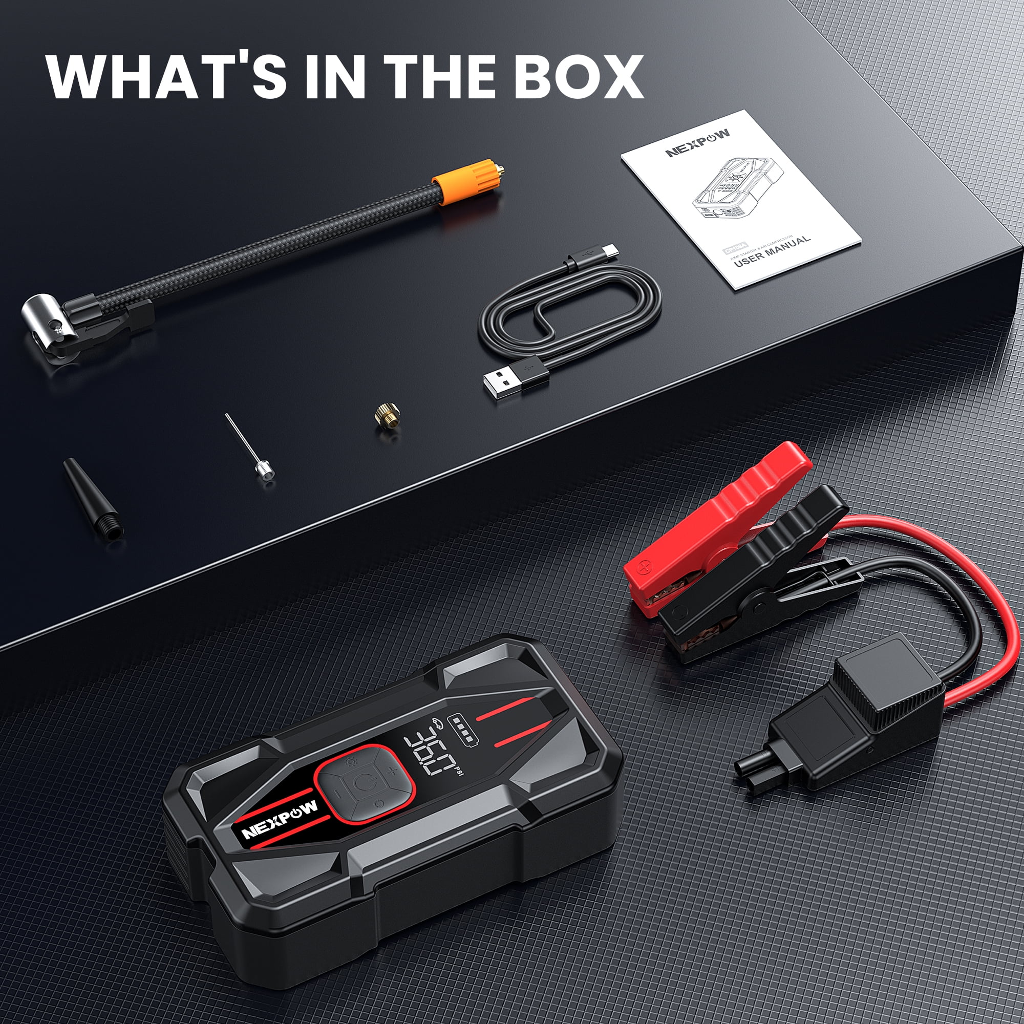 NEXPOW 3000A Jump Starter with Air Compressor, 150 PSI Digital Tire Inflator, 16000mAh PD 30W Fast Charge, 12V Battery Booster Power Bank for 8.5L Gas/6.5L Diesel