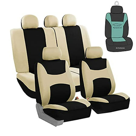 FH Group Light Breathable Durable Washable Flat Foam Padding Cloth Full Set Car Seat Covers, Airbag & Split Compatible w Gift - Universal Fit for Cars Trucks and SUVs (Beige/Black)