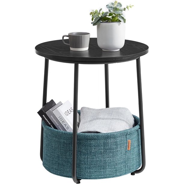 Mesa Lateral Redonda con Cesta de Tela, Mesita de Noche, Estilo Moderno, Estructura Resistente, Blanco Crema MLET223K67