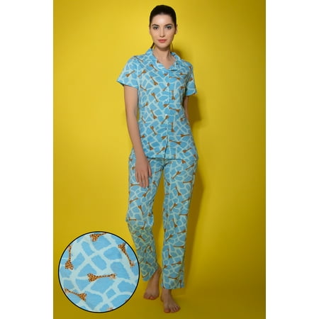 

Giraffe Print Button Down Shirt & Pyjama Set in Sky Blue - 100% Cotton