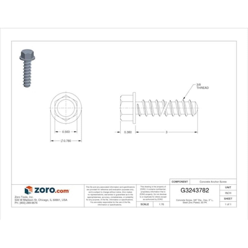 Concrete Screw, 3/8" Dia., Hex, 3" L, Steel Zinc Plated, 50 PK