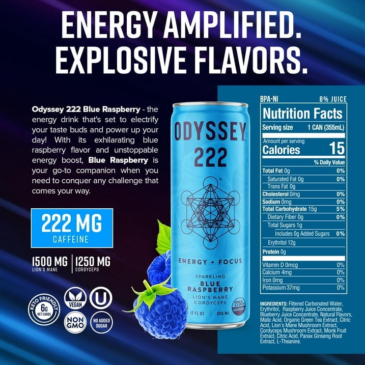 (Pack of 12) Odyssey Elixir Beverage Sparkling Blue Raspberry 12 Fo