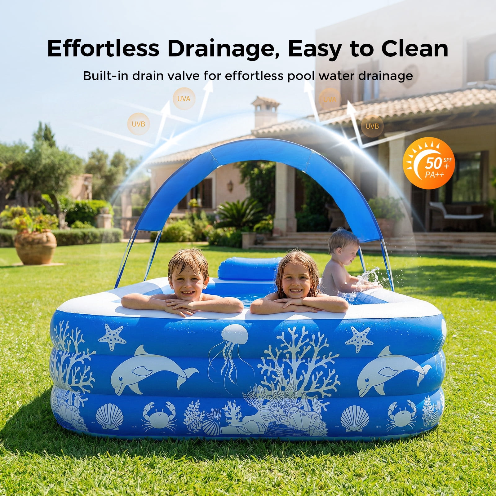 Inflatable Pool with Canopy, Family Size Swimming Pool Thickened Kiddie Pool for Kids Children Family Outdoor, 120'' x 68'' x 57''