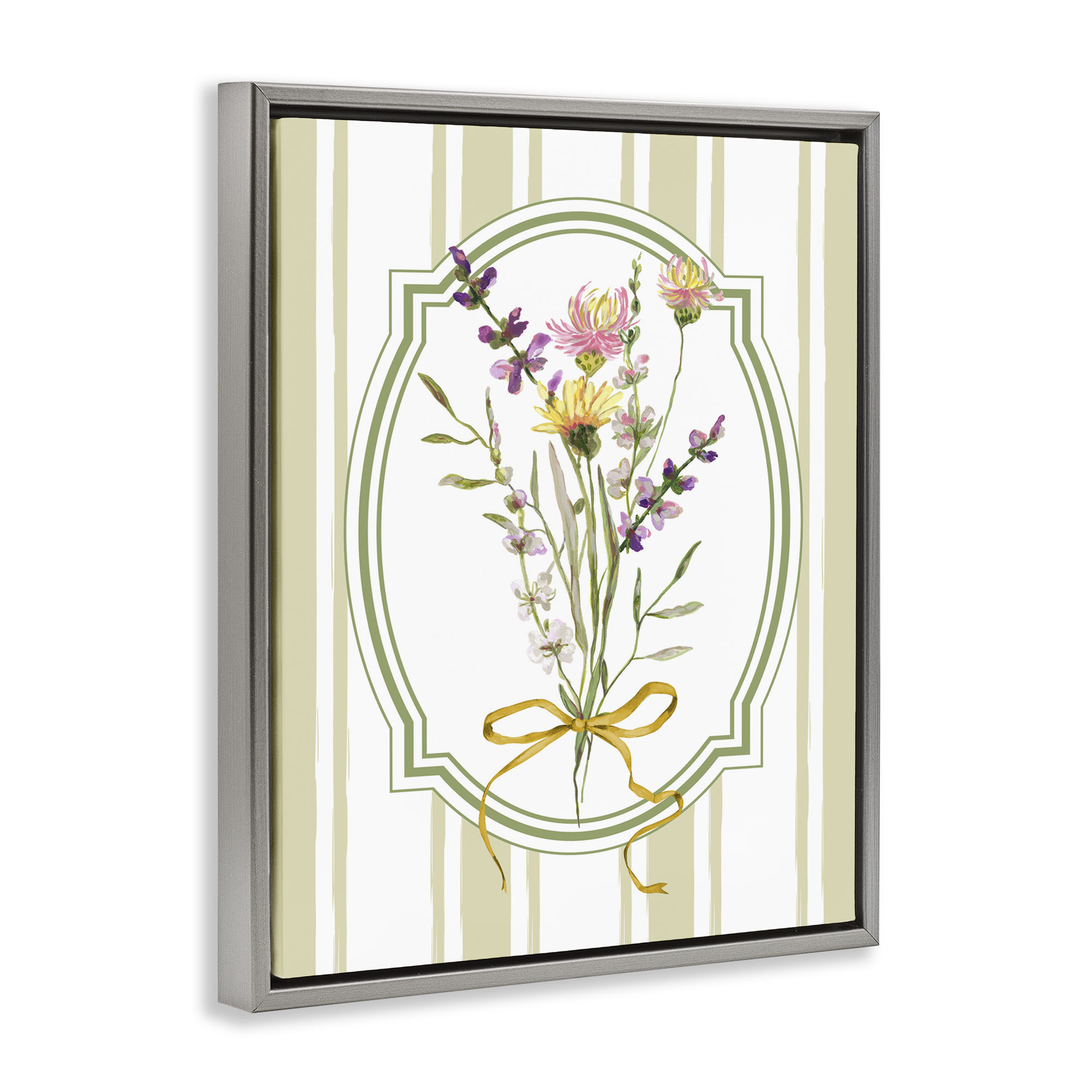 Wildflowers Bouquet Classic Stripes Gray Framed Floater Canvas Wall Art, design by Adonna Ebrahimi