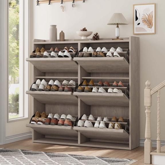 Grey Shoe Cabinet with 6 Flip Drawers, Wooden Shoe Organizer Cabinet with Adjustable Shelf, Shoe Storage for Entryway, Hidden Shoe Cabinet for Hallway, Living Room