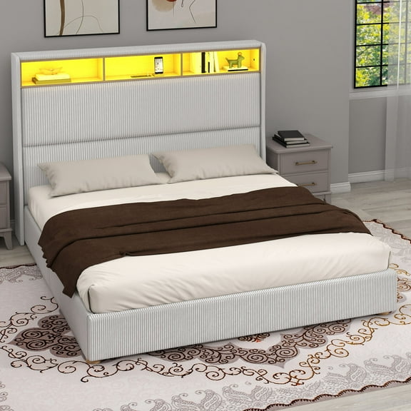 Uforic Upholstered Bed Frame with Tall Headboard & LED Lights, King Size, White