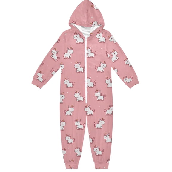 Soft Big Kids Onesie Pajamas Cozy Loose-Fit Jumpsuits for kids with Pockets for Christmas Lounge & Play Cute Unicorns with Pink Background