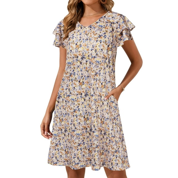 SHIBEVER Womens Dresses Summer Midi Short Sleeve Dresses for Women Pink Floral Midi Boho Casual V Neck Women Dress Flower Comfort Soft Maxi Dresses L