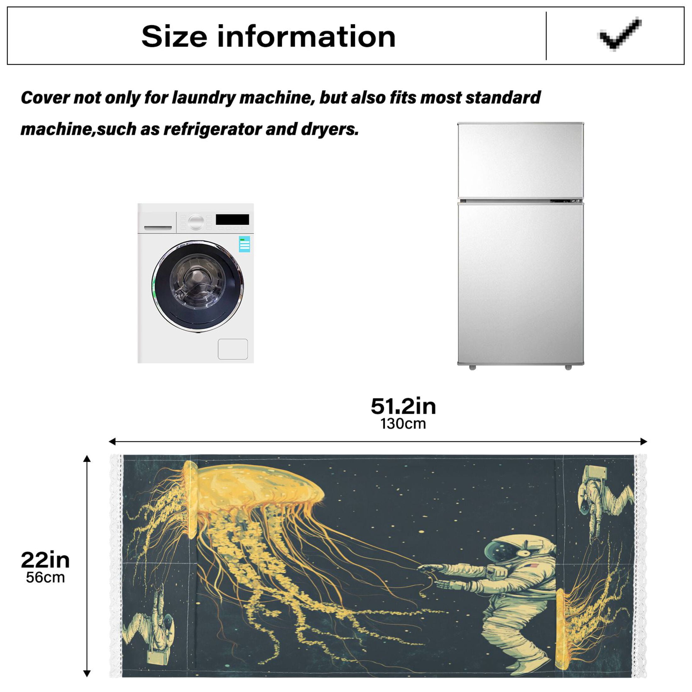 Jellyfish and AstronautWasher and Dryer Covers Dust-Proof and Oil Resistant Fridge Cover with 4 Storage Pockets Washing Machine Top Cover for Laundry Kitchen Home 51.2 x 22 In