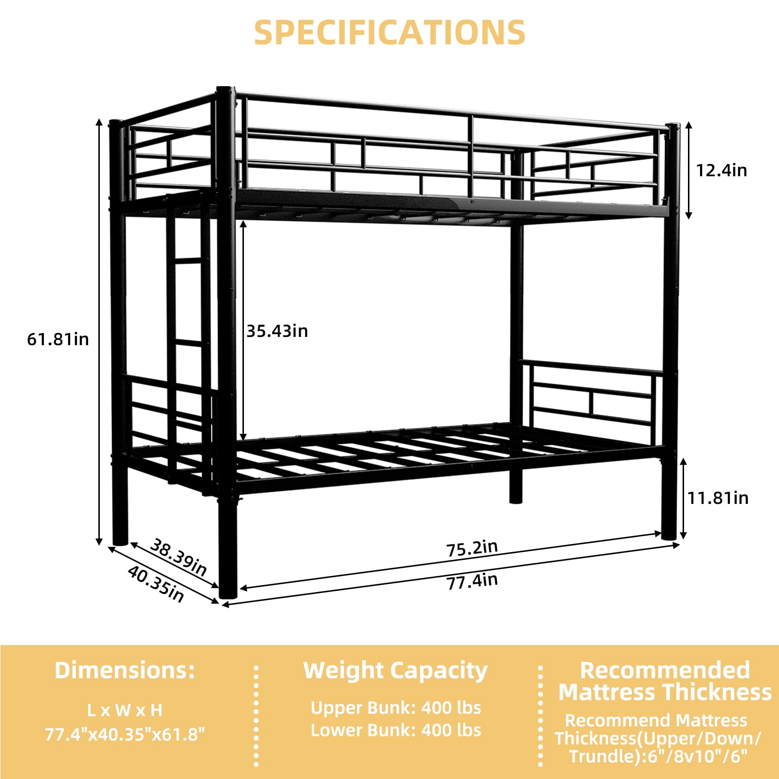 Twin Over Twin Metal Bunk Bed for Kids Boys Girls, Heavy Duty Steel Structure Bedframe with Ladders & Full Guardrail, Converts to 2 Separate Beds, No Box Spring Required, Black